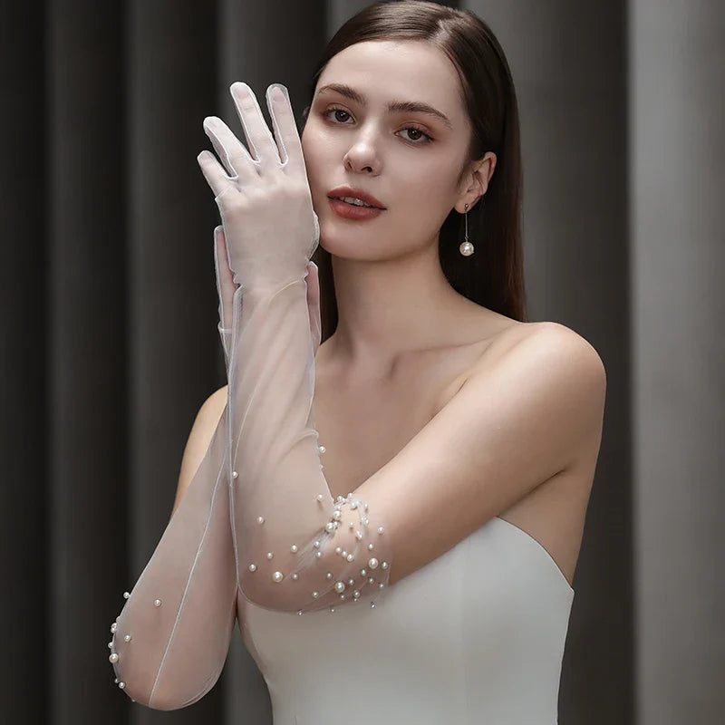 Long Bridal Gloves Pearl Wristband Wedding Glove For Women Girl Party Evening Dress Jewelry Bride Accessories