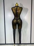 Women Sexy Mesh See Through Crystal Chain Black Bodycon Jumpsuit Celebrity Designer Dancer Night Club Rompers Stage Costume