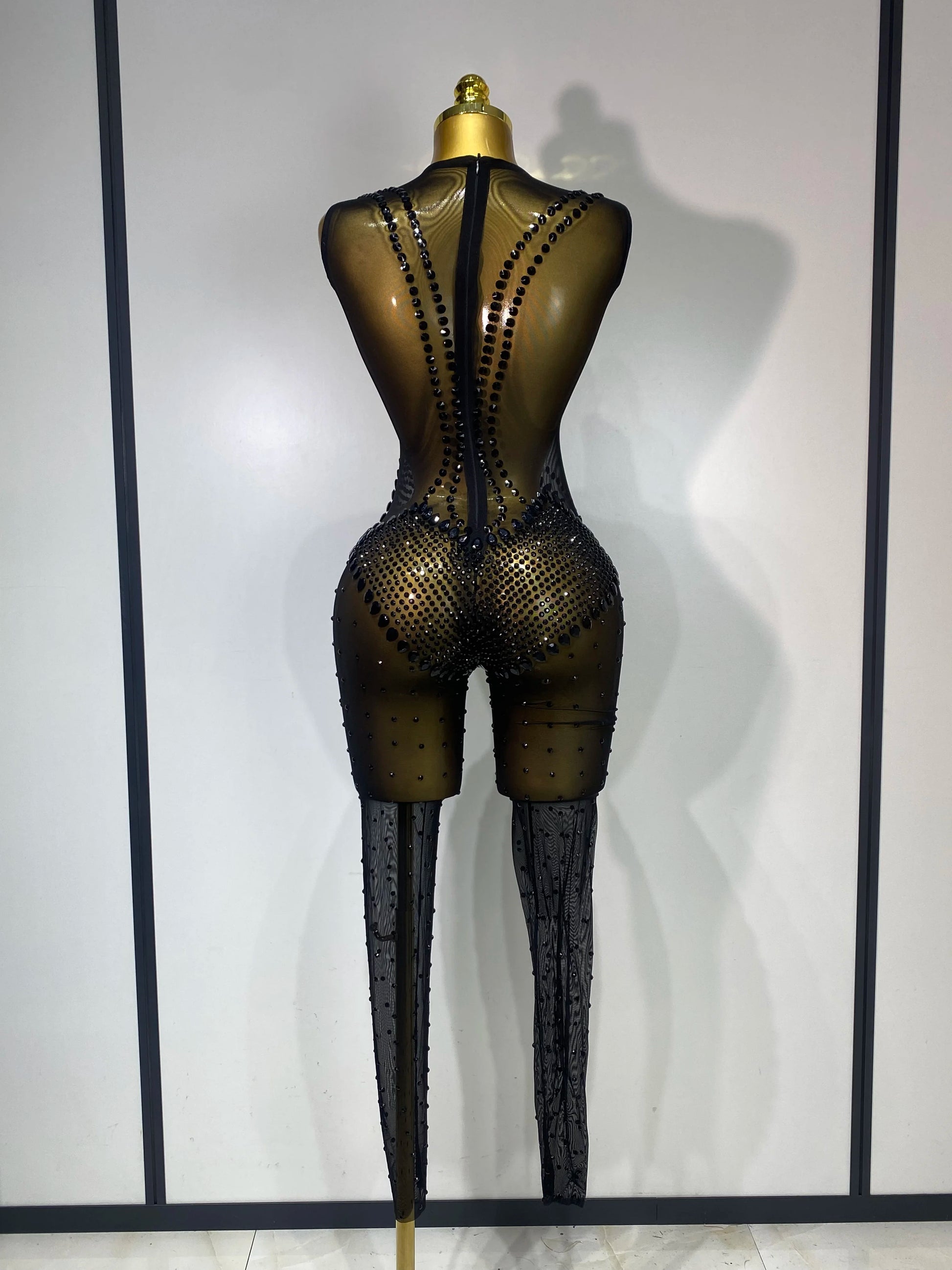 Women Sexy Mesh See Through Crystal Chain Black Bodycon Jumpsuit Celebrity Designer Dancer Night Club Rompers Stage Costume