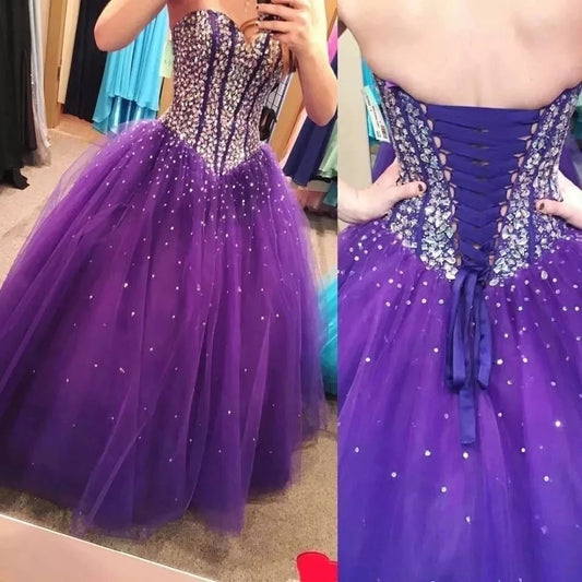 Purple Crystal Sparkly Sweetheart Ball Gown Quinceanera Dresses Vestidos De 15 Anos Formal Birthday Party Gowns