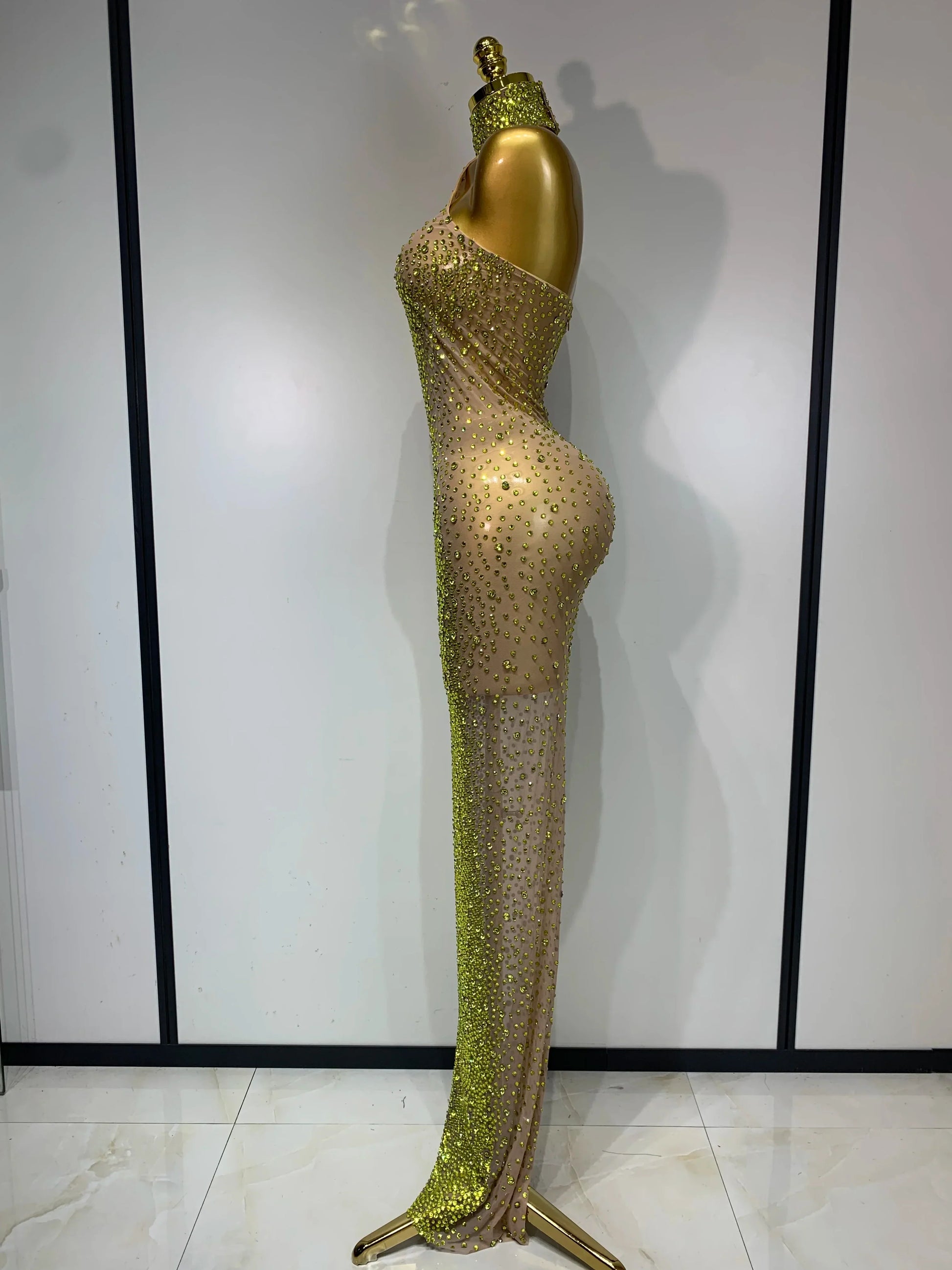 Women Luxury Birthday Celebrate Dress Dancer Party Show Stage Outfit Sparkly Rhinestone Elastic Mesh See Through Long Dress