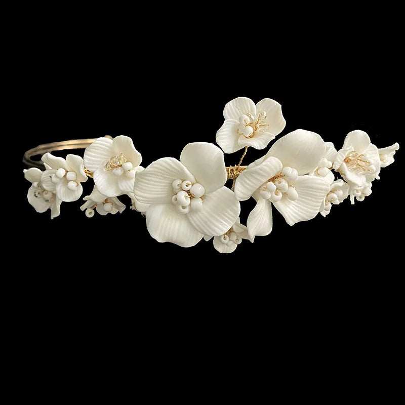 Bridal Hair Jewelry Vintage Headband Hairband Porcelain Flower Headpiece Headdress Bride Gold Color Headwear Wedding Accessories a Gold color