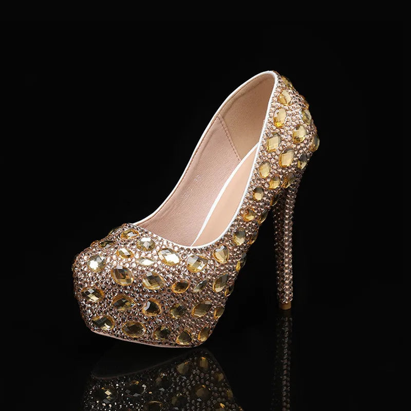 Bling Bling Luxury Rhinestones Diamond Women Pumps 14cm Ultra High heels Platform Wedges Party Shoes Fashon Wedding Bridal Shoe Champagne