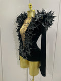 Shiny Black Rhinestone Velvet Long Sleeve Bodysuit Women Evening Party Club Gala Hosts NightClub Bar Stage Costumes