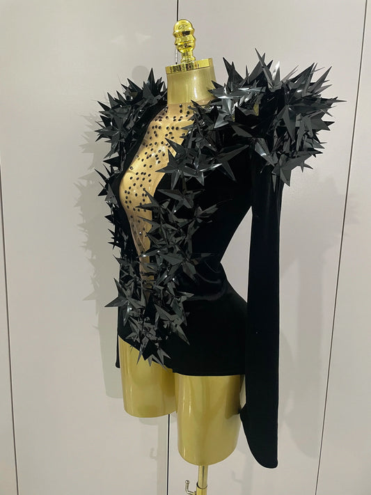 Shiny Black Rhinestone Velvet Long Sleeve Bodysuit Women Evening Party Club Gala Hosts NightClub Bar Stage Costumes