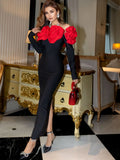 Sexy Women's 3D Red Large Flower Design Bandage Dress with One Collar Card Sleeve Bodycon Long Dress Evening Party Vestidos