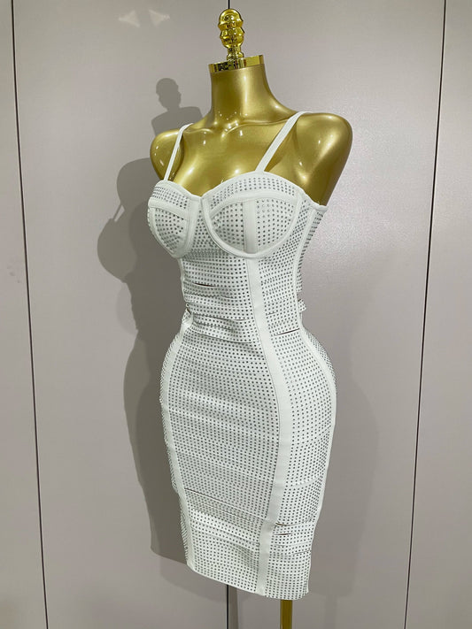 Shiny Diamond White Sleeveless V-neck Slim Short Dress Women Elegant Evening Club Prom Birthday Cocktail Dresses Vestido