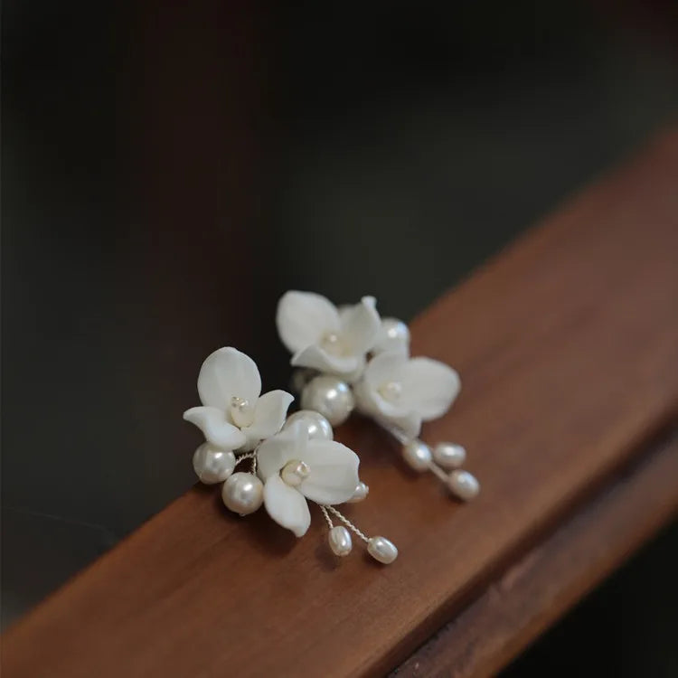 Bridal Jewelry Pearl Hair Pin Clip Porcelain Flower Head Piece For Bride Women Silver Color Hairpin Earrings Wedding Accessories b