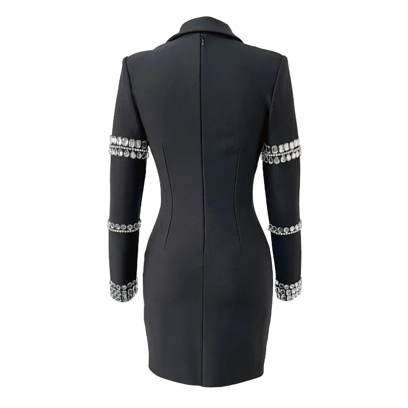 Fashion Black Color Women Long Sleeve Sexy V-Neck Bodycon Mini Bandage Dress Crystal Fashion Nightclub Party Outfit