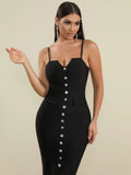 Sexy Women'S Bandage Dress Spaghetti Strap Sleeveless Rhinestone Button Design Bodycon Backless Split Midi Dresses Vestidos