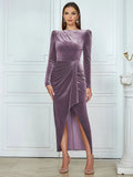 Spring Elegant Women's Velvet Dress O-neck Long Sleeve Bodycon Draped Split Body Long Dress Celebrity Evening Party Vestido PURPLE