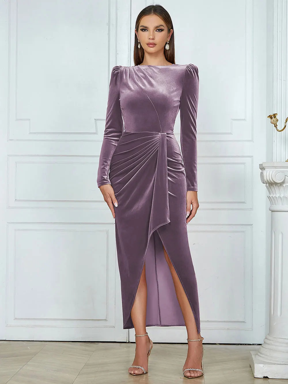 Spring Elegant Women's Velvet Dress O-neck Long Sleeve Bodycon Draped Split Body Long Dress Celebrity Evening Party Vestido PURPLE
