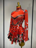 Women Sexy High Elastic A-Line Long Sleeve Dress Performance Costume Sparkly Nightclub Evening Party Hotwife Stage Outfit