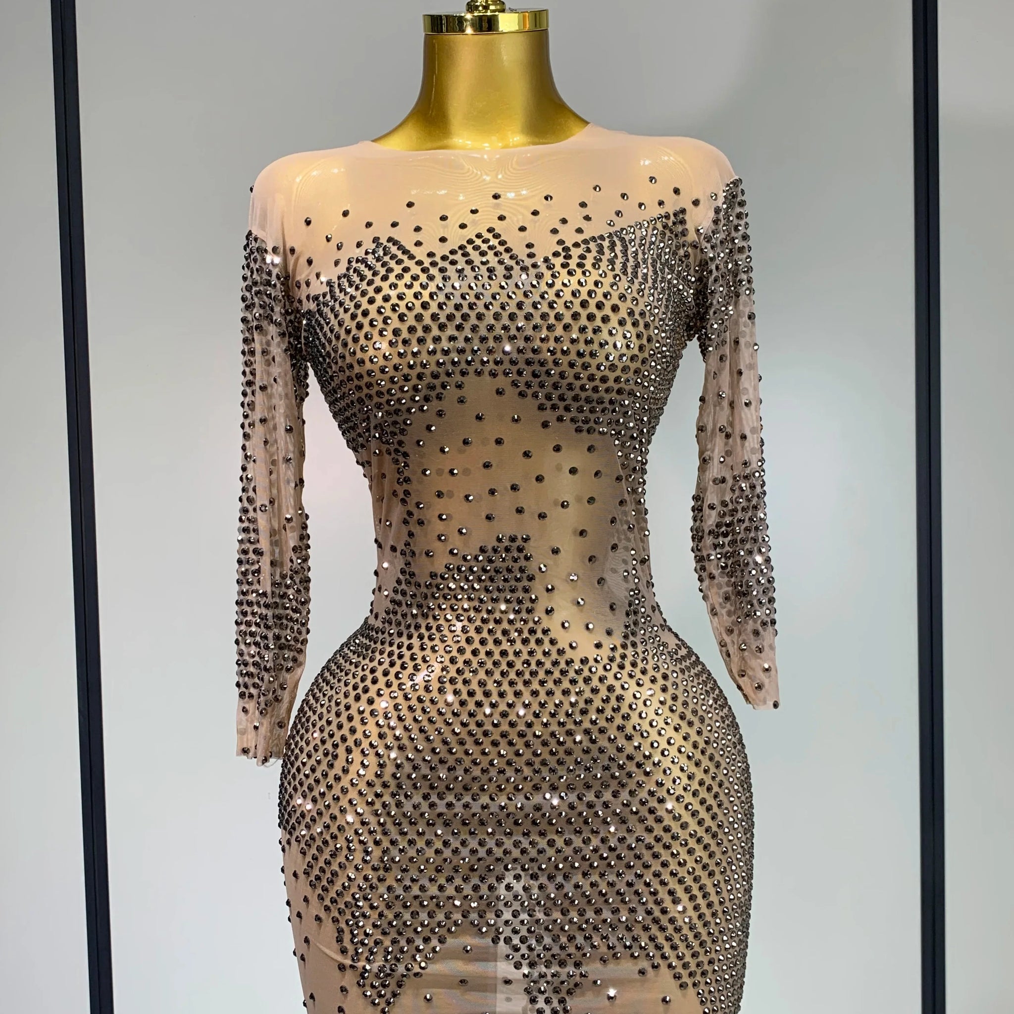 Luxury Birthday Rhinestones Half Sleeve Transparent Mini Dress Women Sexy Mesh Stretch Performance Celebrity Stage Wear Khaki