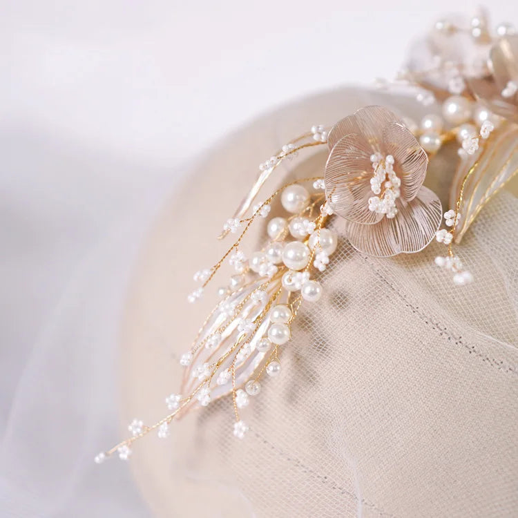 Bridal Hair Accessories Gold Color Headband Headpiece Pearl Hairband For Women Bride Flower Leaf Headdress Crown Wedding Jewelry