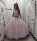 Princess Pink Quinceanera Dresses With Beaded Crystal Two Pieces A Line Sweet 16 Dress Tulle Vestidos De 15 Años PartyCustomized