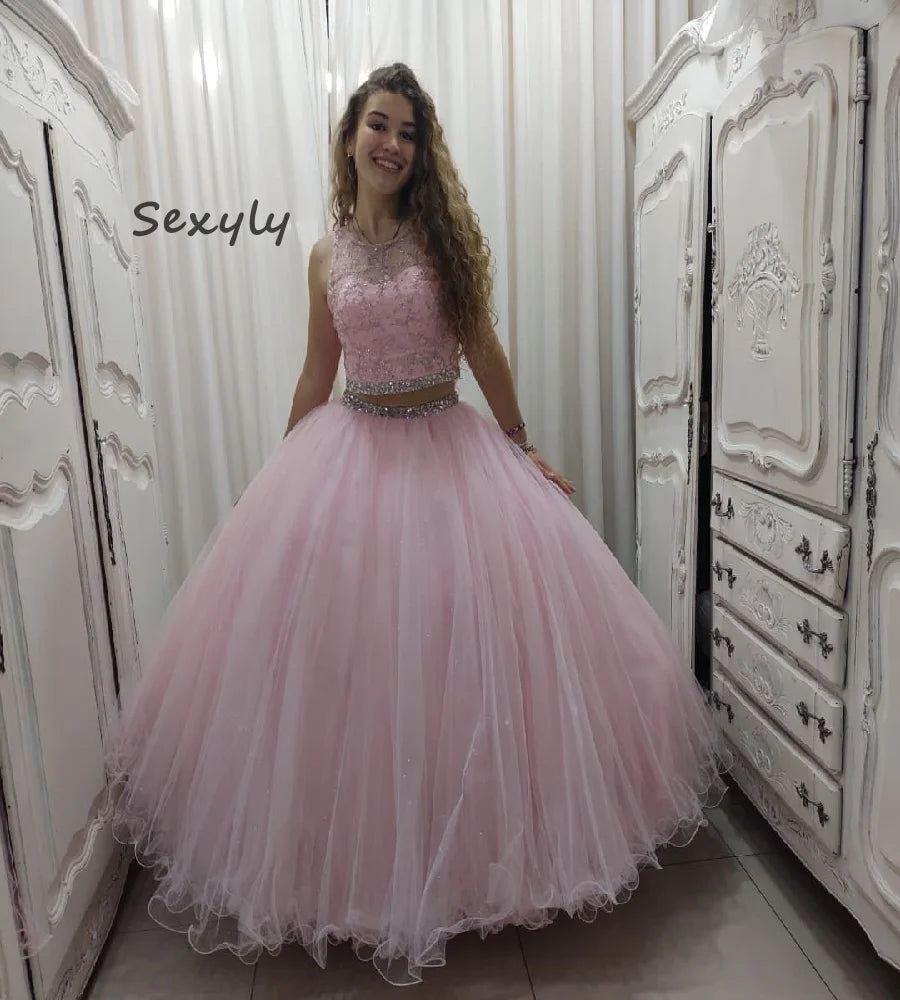 Princess Pink Quinceanera Dresses With Beaded Crystal Two Pieces A Line Sweet 16 Dress Tulle Vestidos De 15 Años PartyCustomized