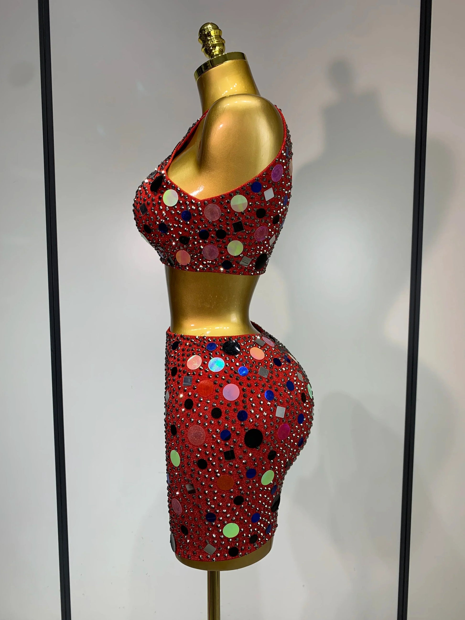 Luxury Rhinestone Sequin Sexy Two Piece Set Fashion Nightclub Sparkly Perform Stage Costume Birthday Dress
