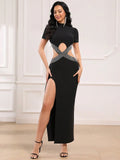 Sexy Women's Water Diamond Waist Design Bandage Dress Stand Collar Long Sleeve Bodycon Split Length Dresses Party Vestidos black