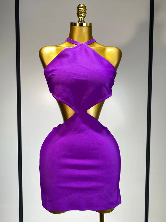 Women Sexy Backless Cut Out Bow Tie Mini Bodycon Bandage Dress Celebirty Elegant Evening Party Luxury Birthday Dresses PURPLE