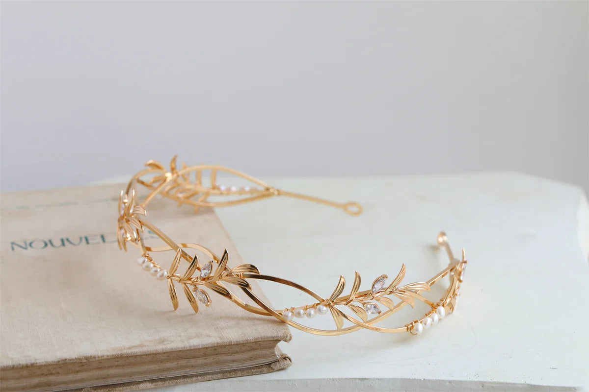 Bridal Hair Jewelry Vintage Gold Color Tiara Pearl Zircon Headband Headpiece Brides Leaf Hairband Headwear Wedding Accessories