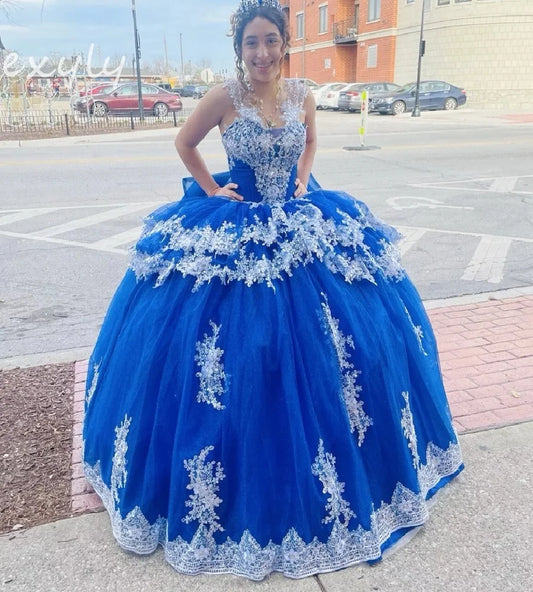 Gorgeous Royal Blue Quinceanera Dresses With Lace Ball Gown Sweet 15 Dress 2025 With Big Bow Elegant Formal Birthday Customized Blue