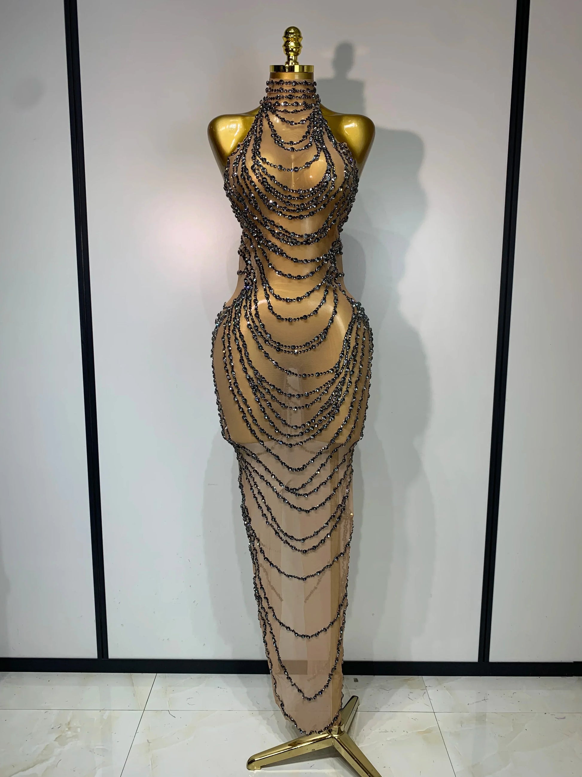 Sparkly Rhinestone Sexy Transparent Mesh Long Dress Women Luxury Birthday Club Party Gown Stage Singer Performance Costume Dark Grey