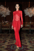 Red Color Women Long Sleeve Shinning Rhinestones Mesh Bodycon Long Dress Fashion Nightclub Party Celebrate Outfit Vestido Red
