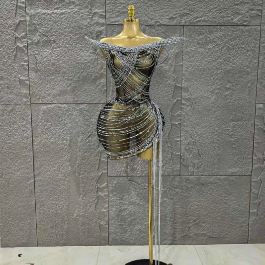 Women Sexy Strapless Shinning Sequins Bodycon Mini Dress Celebrate Nightclub Party Birthday Photo Shoot Stage Wear black