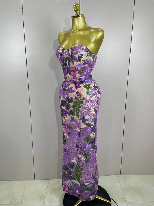 Sexy Strapless Floral Sequin Long Dress Women Sequins Flower Backless Long Slim Dress Evening Party Runway Gown Dress