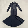 Newest Fashion Designer Party Vestido Women'S Diamonds Mesh Long Sleeves Bodycon Mermaid Long Maxi Dress black