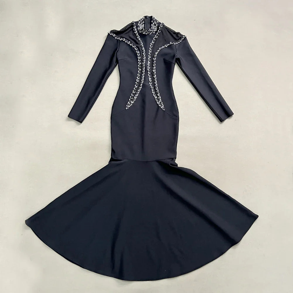 Newest Fashion Designer Party Vestido Women'S Diamonds Mesh Long Sleeves Bodycon Mermaid Long Maxi Dress black