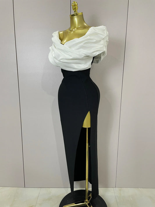 Sexy Off-Shoulder Side Slit Solid Color Pleat Skirt Strapless Bandage Women Evening Luxury Birthday Formal Party Dress