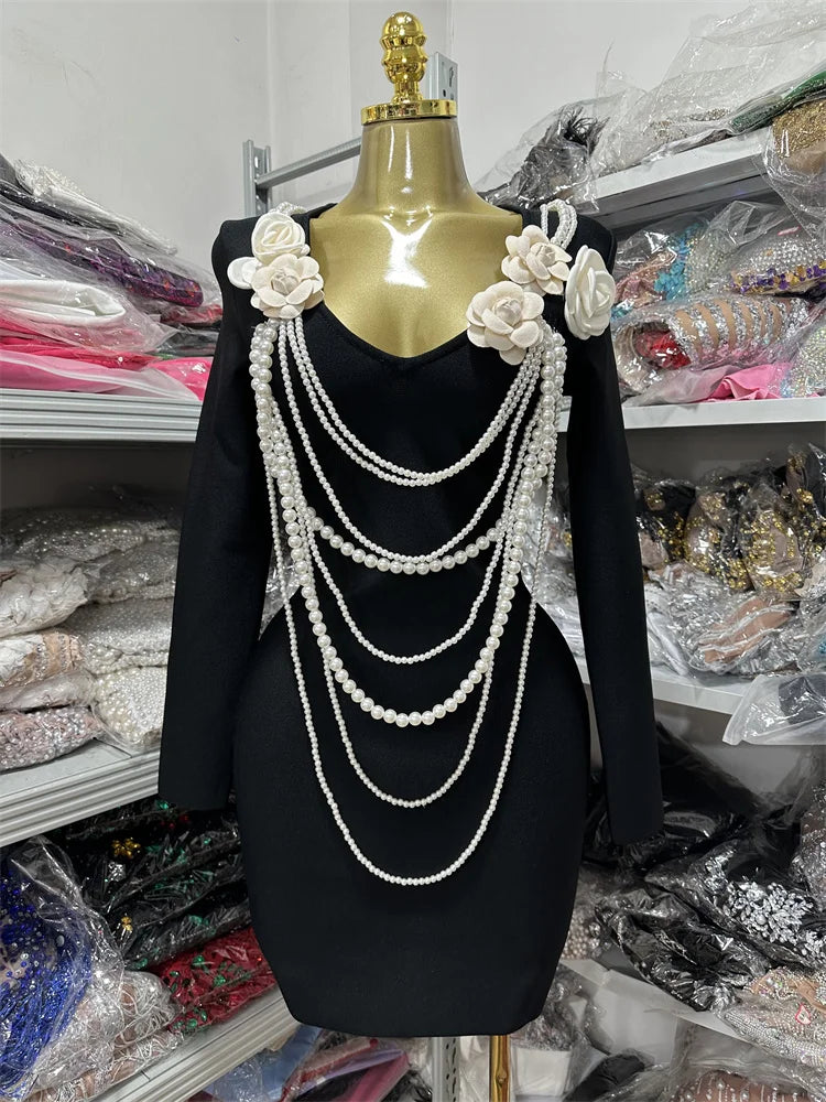 Black Color Women Long Sleeve Pearl Beading Bodycon Mini Bandage Dress Nightclub Party Celebrate Birthday Vacation Outfit black