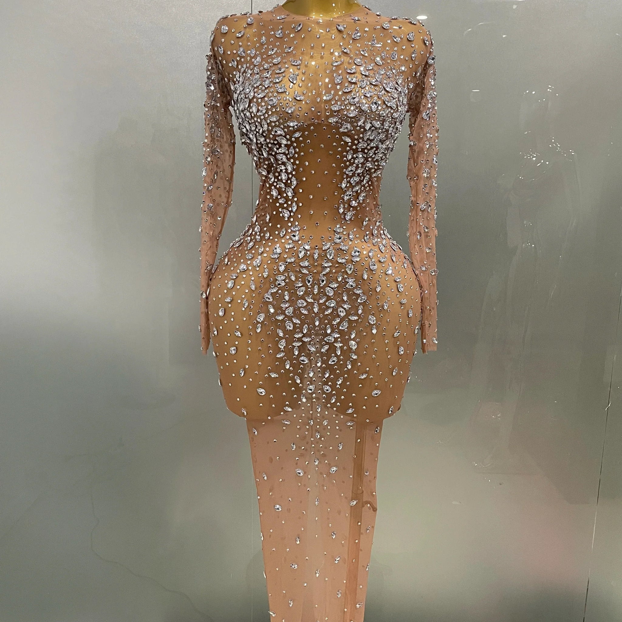 Sexy Shinny Rhinestone Stretch Mesh Transparent Long Dress Women Evening Birthday Party Prom Nightclub Singer Stage Wear Silver