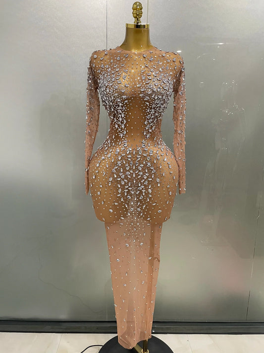 Sexy Shinny Rhinestone Stretch Mesh Transparent Long Dress Women Evening Birthday Party Prom Nightclub Singer Stage Wear Silver