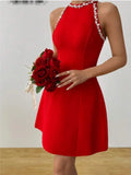Red Black Women Sleeveless Sexy Shinning Crystal A-Line Mini Bandage Dress Celebrate Birthday Party Girls' Vacation Outfit Red