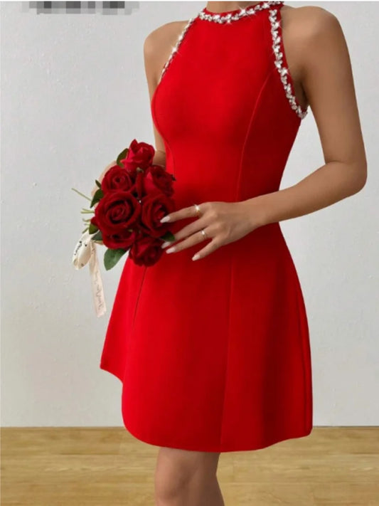 Red Black Women Sleeveless Sexy Shinning Crystal A-Line Mini Bandage Dress Celebrate Birthday Party Girls' Vacation Outfit Red