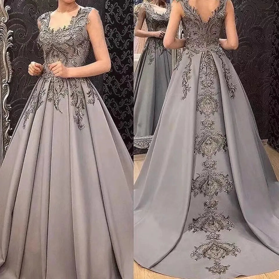 Customized Gray A-Line Evening Dresses Women Formal Party Night Robe De Soiree Appliques Simple Satin Sleeveless Prom Dress Champagne