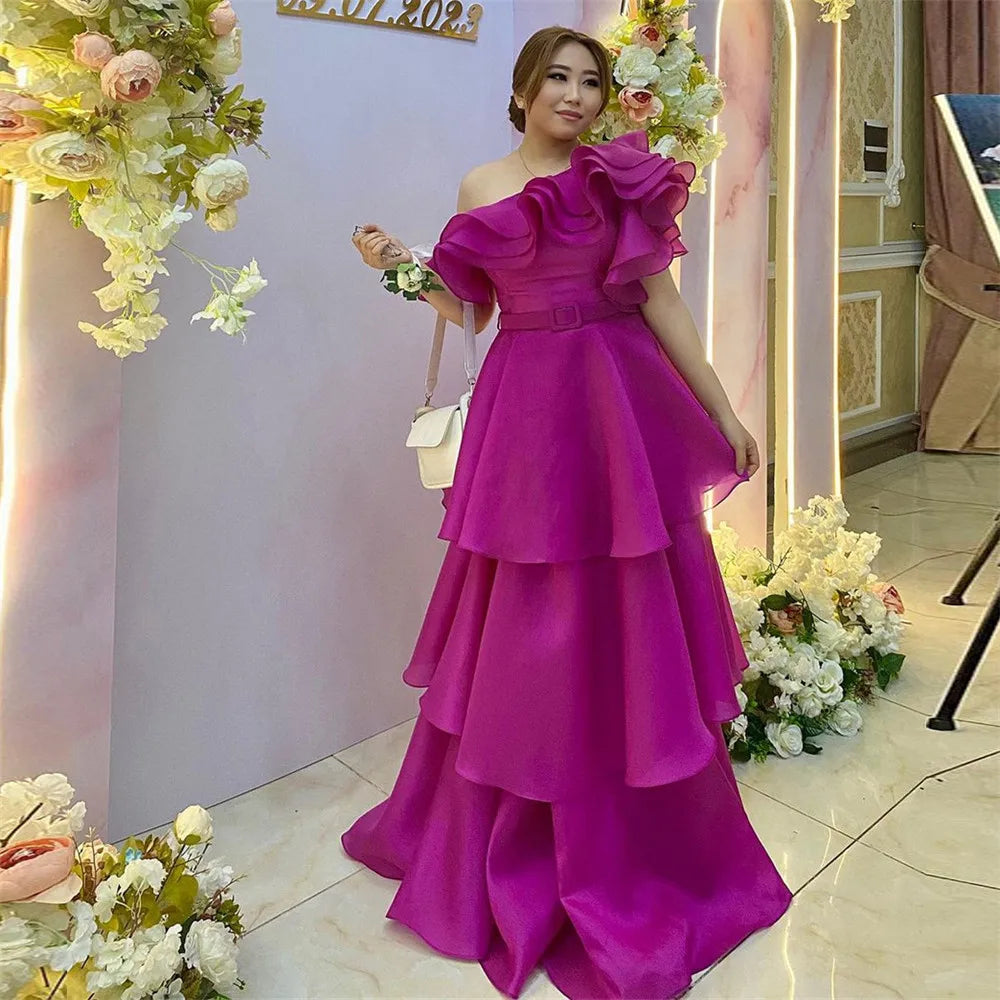 Vestidos de fiesta de organza fucsia con un hombro y volantes escalonados, vestidos de noche largos hasta el suelo, vestidos formales para ocasiones de fiesta para mujer