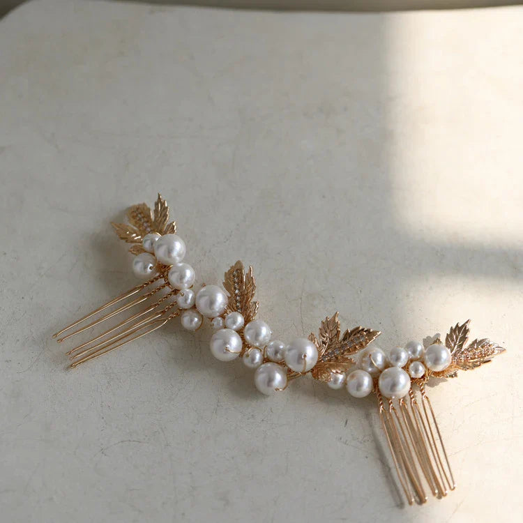 Pearl Crystal Hair Comb Pin Vintage Gold Color Head Piece For Brides Women Leaf Hairpins Wedding Accessories Bridal Jewelry