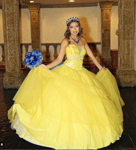 Cinderalle Yellow Vestidos De 15 Quinceañera Dress 2025 Contrast Blue Train Vestido Xv Años Luxury Bead Lace Birthday Customized