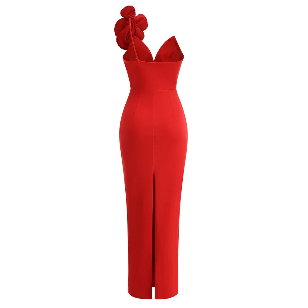 Red Color Women Sexy One Shoulder Shinning Sequins Florals Bodycon Long Dress Fashion Celebrate Wedding Party Dress Vestido