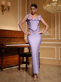 Women Celebrity Sexy O Neck Ruffles Purple Beading Maxi Long Bodycon Bandage Dress Elegant Evening Club Party Dress