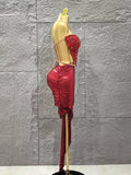 Shinning Red Crystal Women Sexy Strapless 2 Pieces Bodycon Mini Dress Nightclub Party Celebrate Birthday Photo Shoot Wear