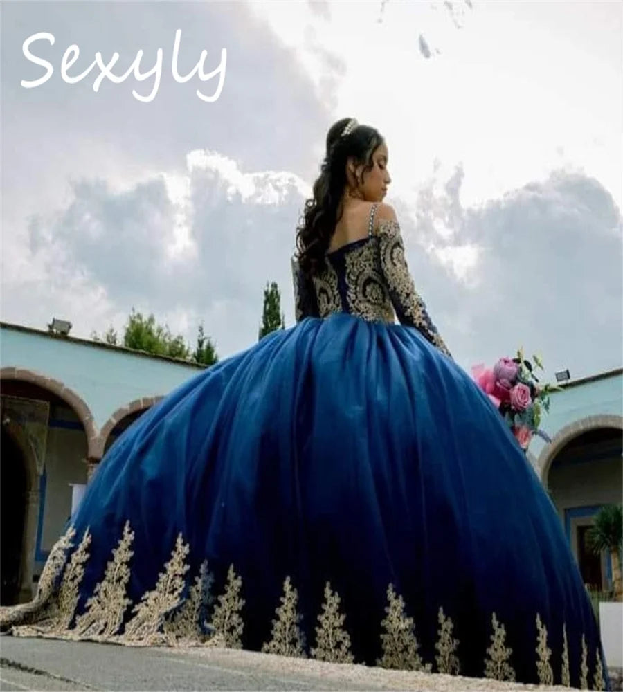Princess Navy Blue Quinceanera Dress With Gold Appliques Long Sleeve Corset Vestidos De Xv Años Sixteen Birthday Customized Blue