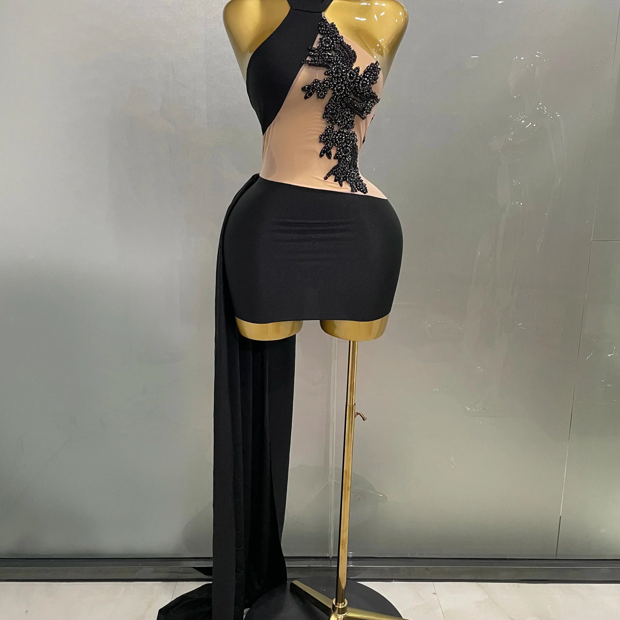 Sexy Sparkly Beaded Mesh See-Through Backless Cocktail Short Dress Women Evening Prom Celebrate Birthday Party Stage Costume black