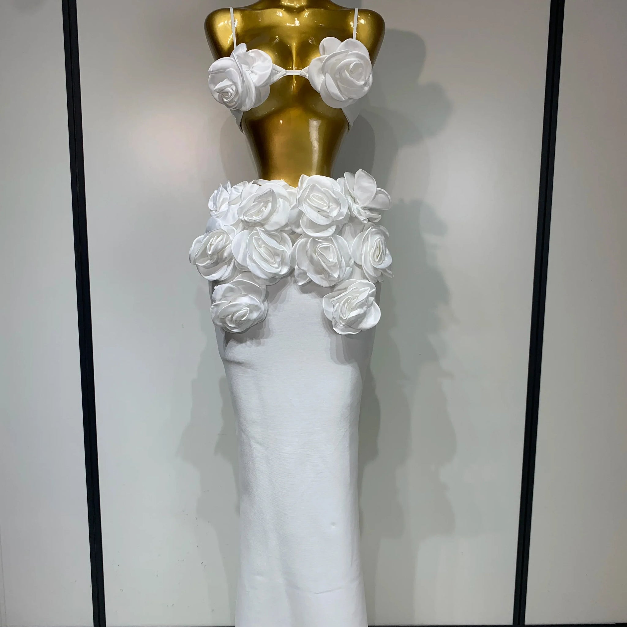 Women Sexy Camisole Floral Bandage Long Skirts Two Piece Set Celebrity Elegant Party Cocktail Prom Gown Nightclub Outfit WHITE