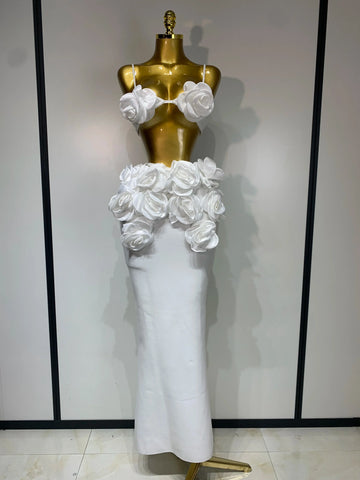 Women Sexy Camisole Floral Bandage Long Skirts Two Piece Set Celebrity Elegant Party Cocktail Prom Gown Nightclub Outfit WHITE