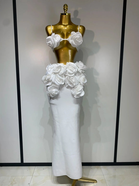 Women Sexy Camisole Floral Bandage Long Skirts Two Piece Set Celebrity Elegant Party Cocktail Prom Gown Nightclub Outfit WHITE